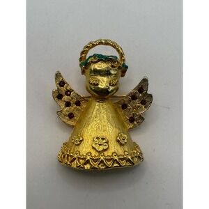 Mylu Angel Brooch Gold Tone Red Rhinestone Wings Vintage Pin